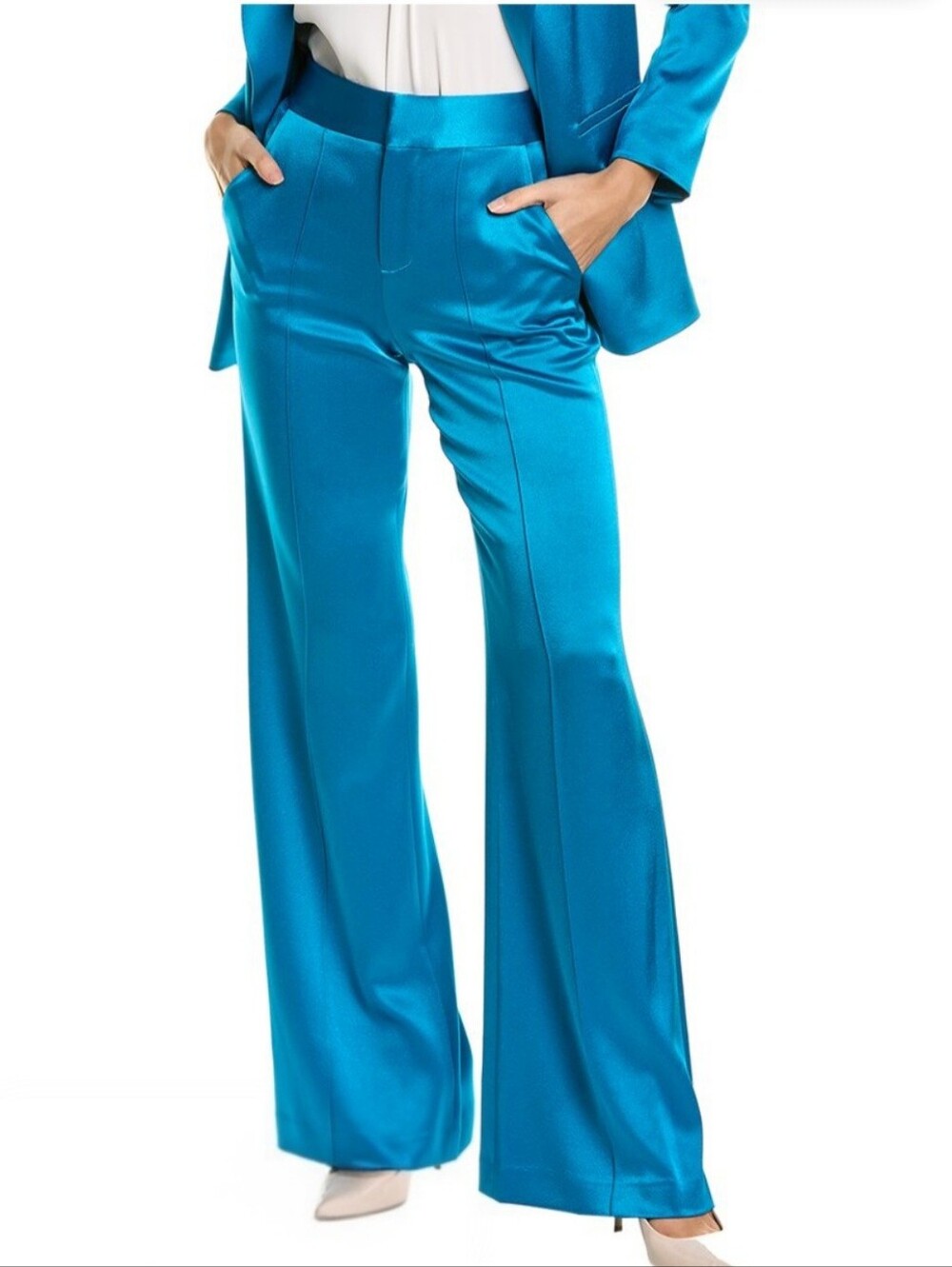 NWT. ALICE & OLIVIA Dylan High Rise Satin Pant In Turkish Blue
